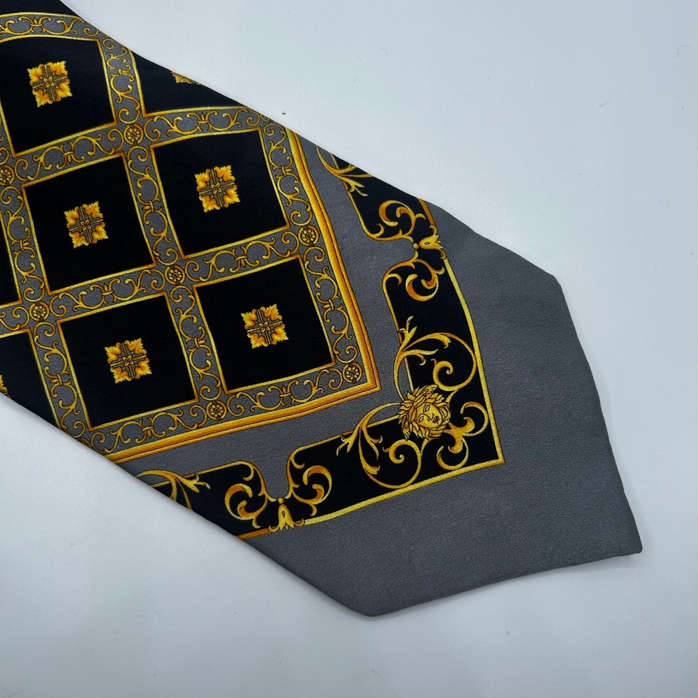 Gianni Versace Vintage Silk Tie Black Gold Grey Baroque Medallion Made in Italy